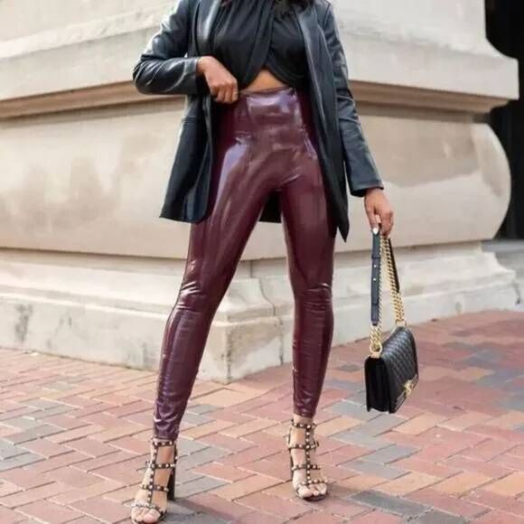 Spanx Patent Faux Leather Leggings Womens M Petite Pants Ruby Burgundy Shine - Picture 1 of 5